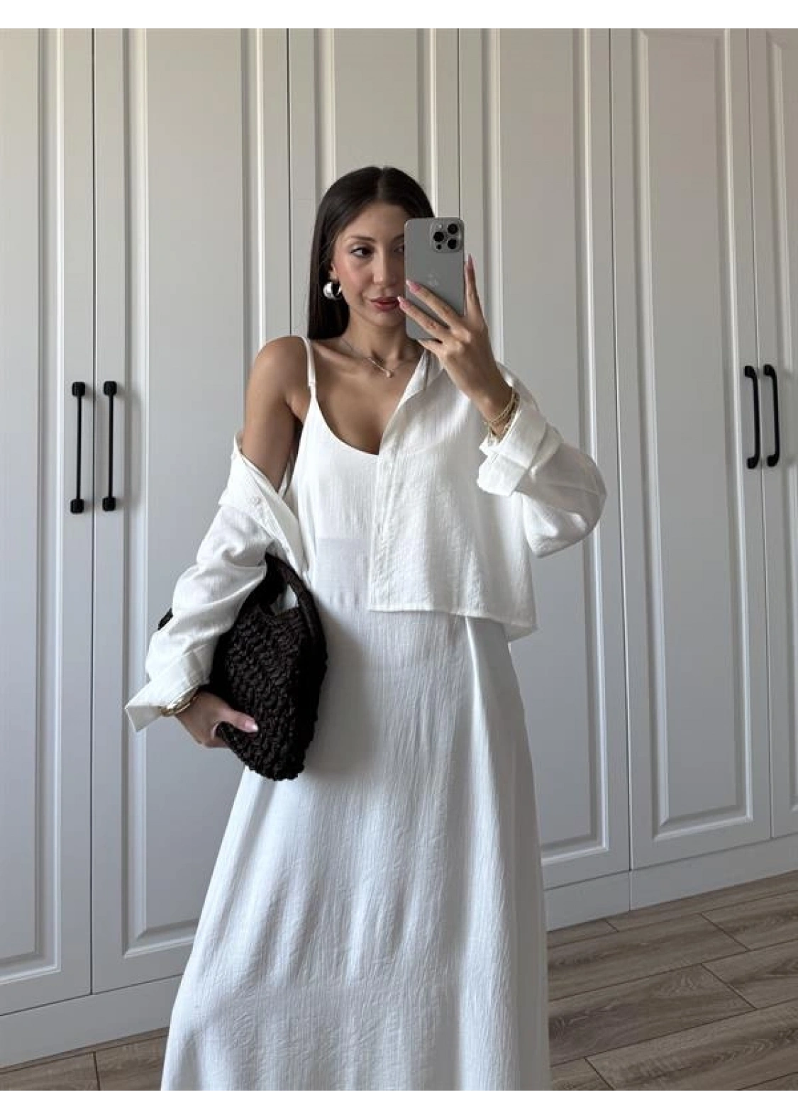 İthal Kumaş Premium Askılı Beyaz Gömlek Elbise