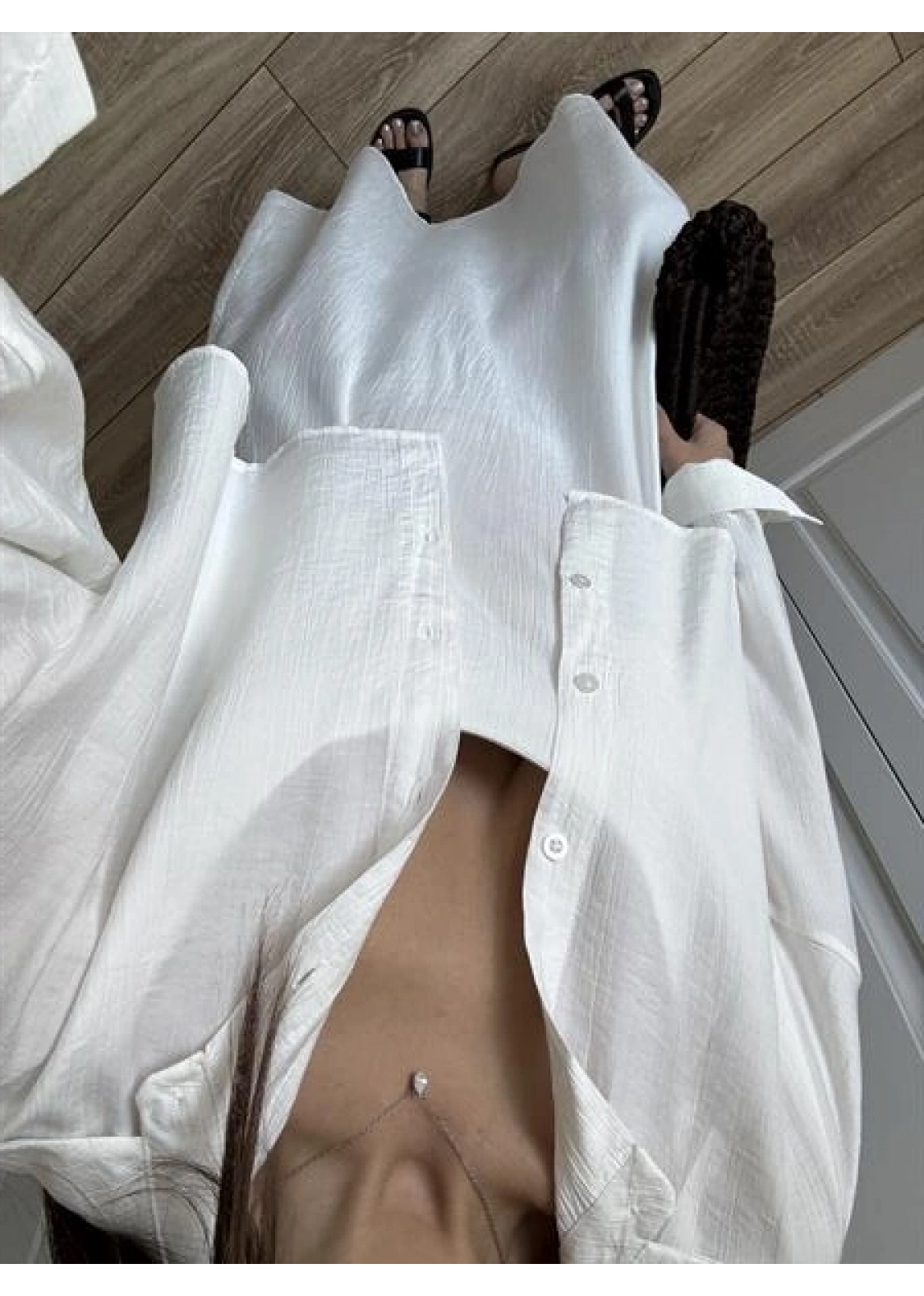 İthal Kumaş Premium Askılı Beyaz Gömlek Elbise