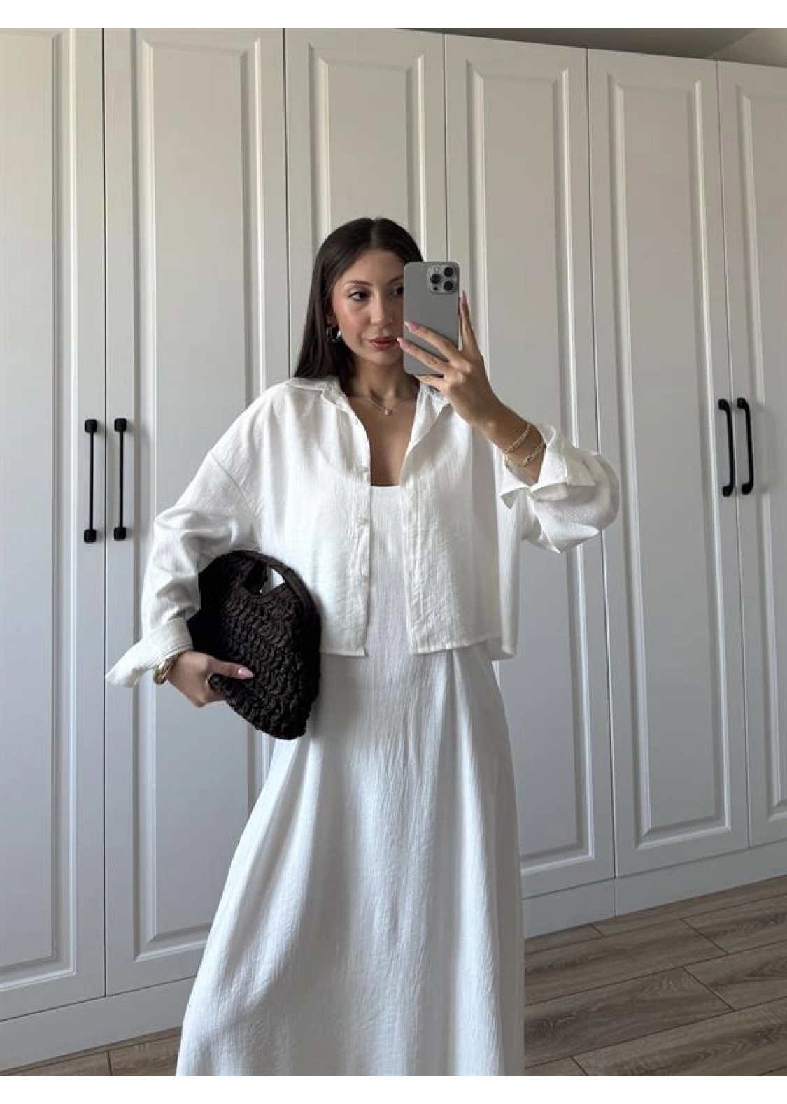 İthal Kumaş Premium Askılı Beyaz Gömlek Elbise