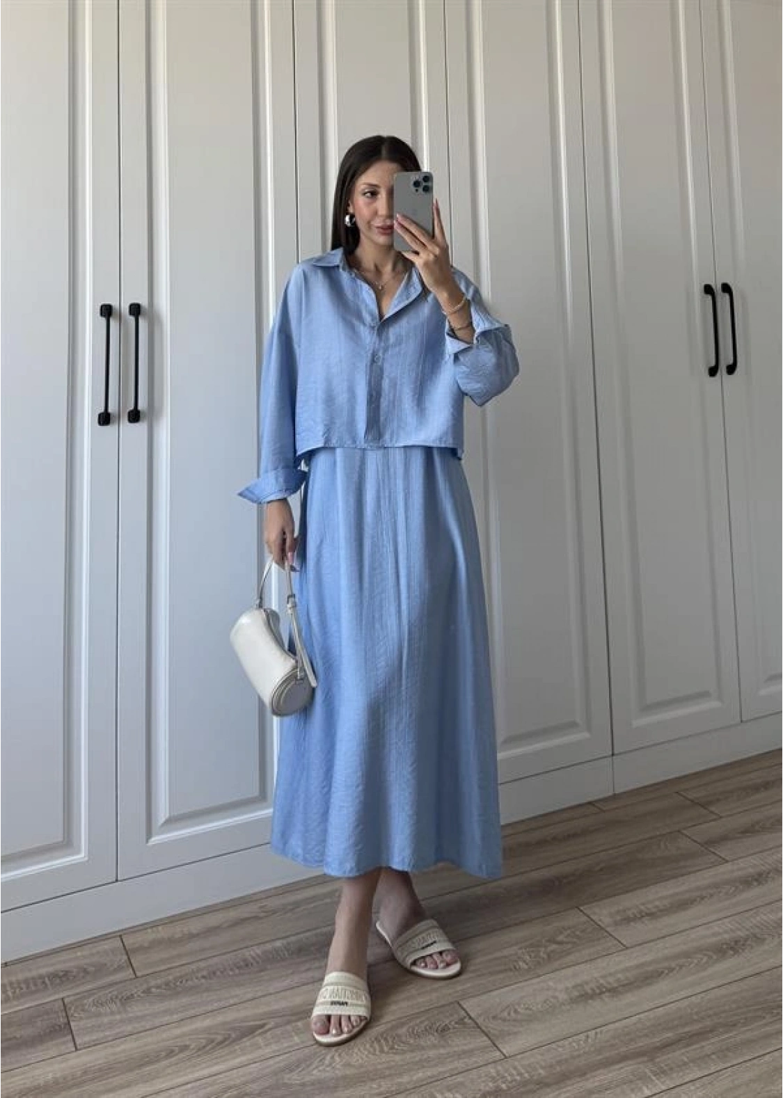 İthal Kumaş Premium Askılı Mavi Gömlek Elbise