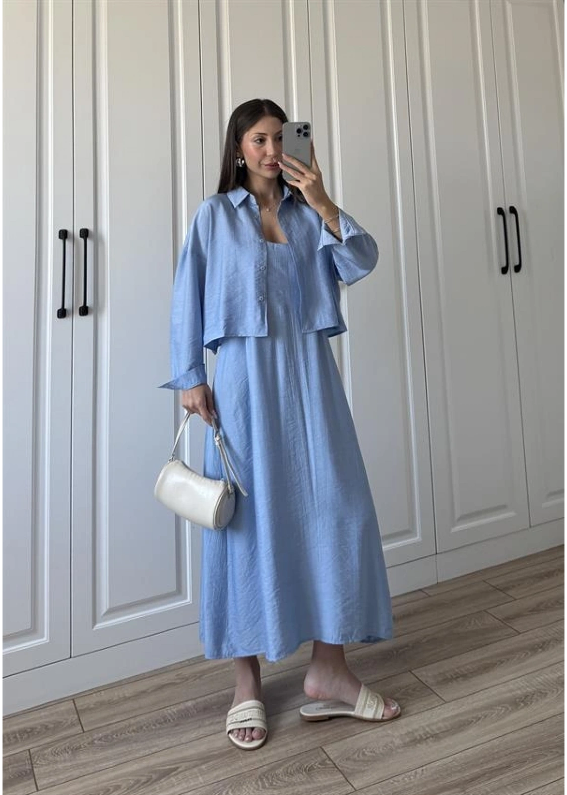 İthal Kumaş Premium Askılı Mavi Gömlek Elbise