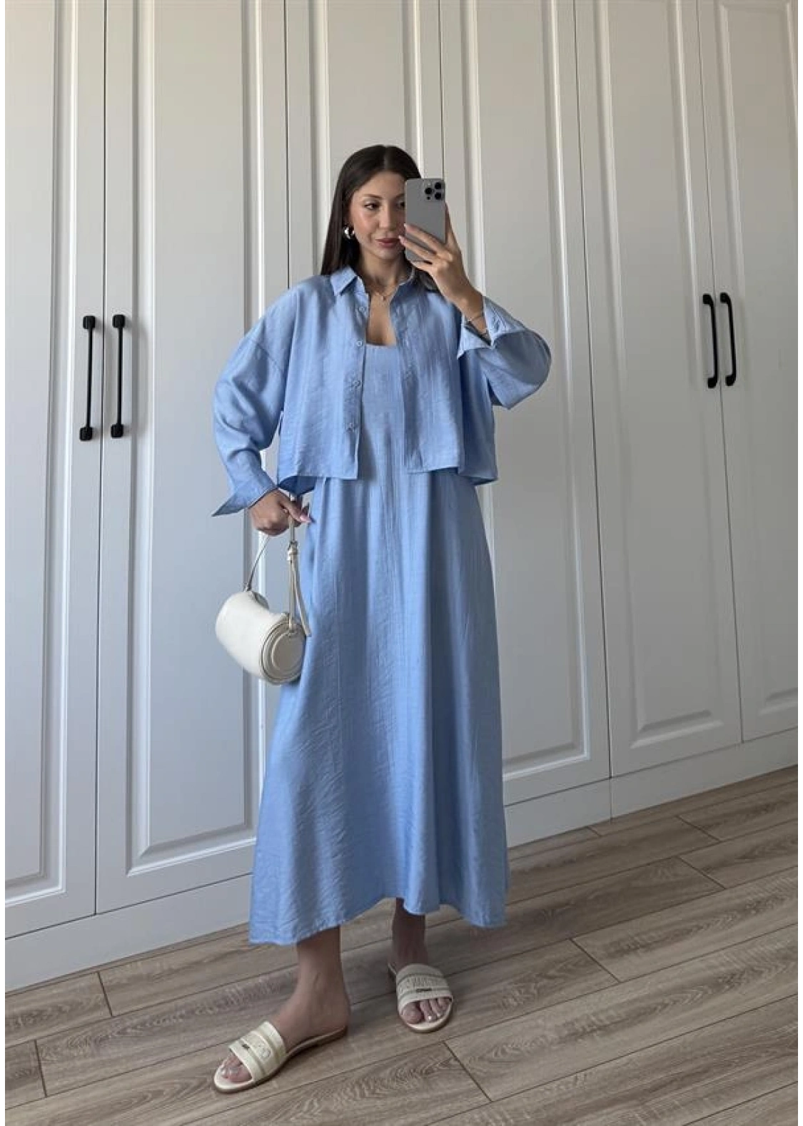 İthal Kumaş Premium Askılı Mavi Gömlek Elbise