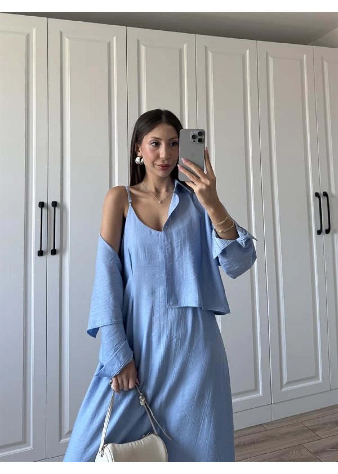 İthal Kumaş Premium Askılı Mavi Gömlek Elbise