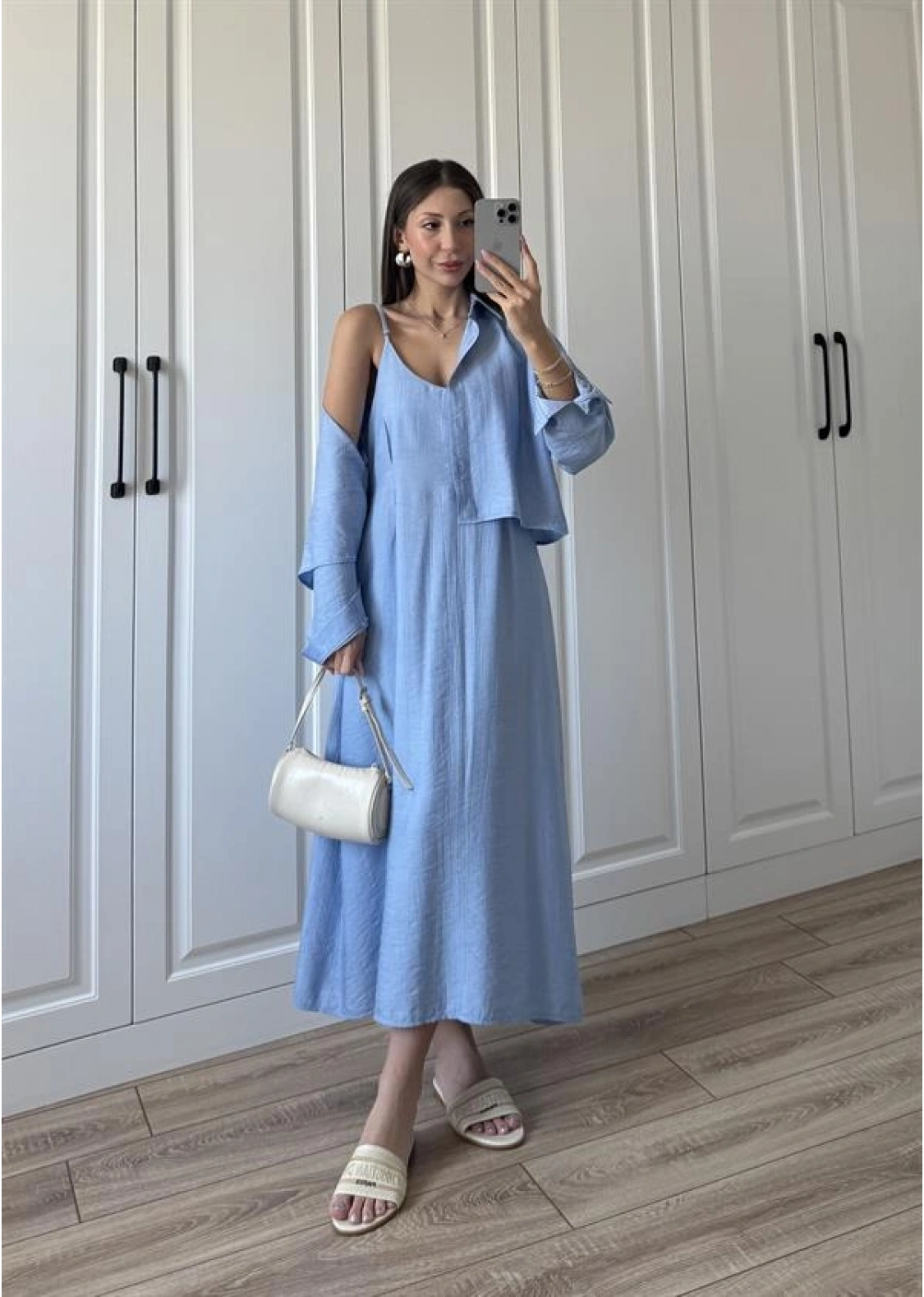 İthal Kumaş Premium Askılı Mavi Gömlek Elbise