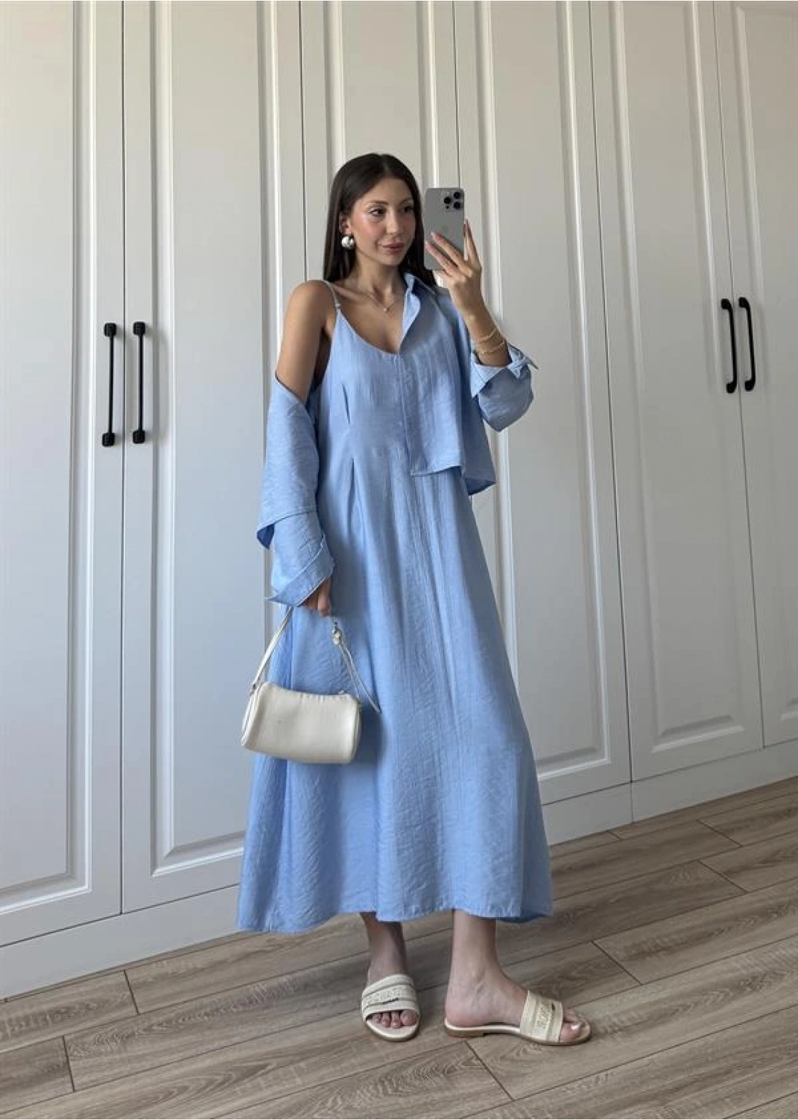 İthal Kumaş Premium Askılı Mavi Gömlek Elbise