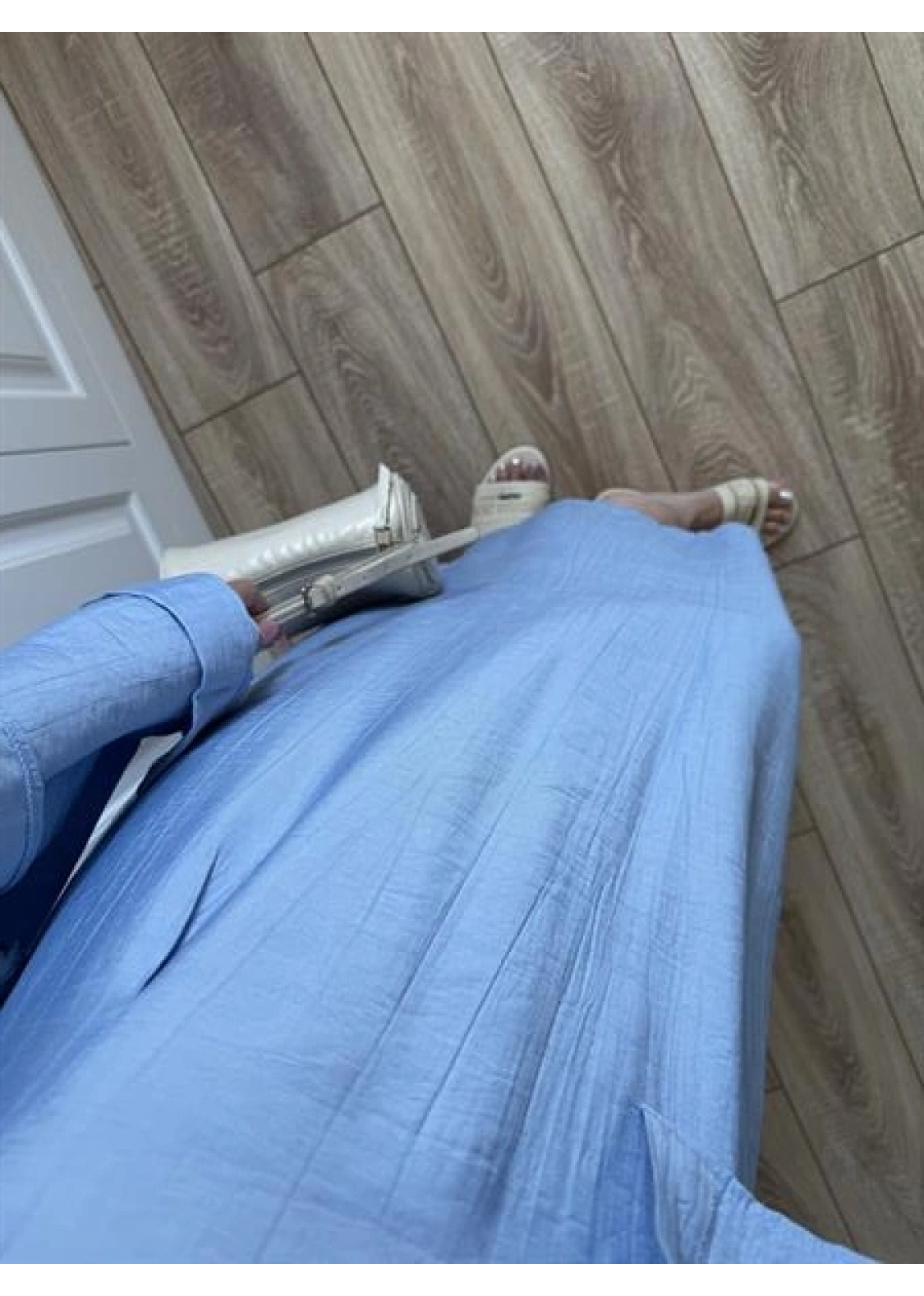 İthal Kumaş Premium Askılı Mavi Gömlek Elbise