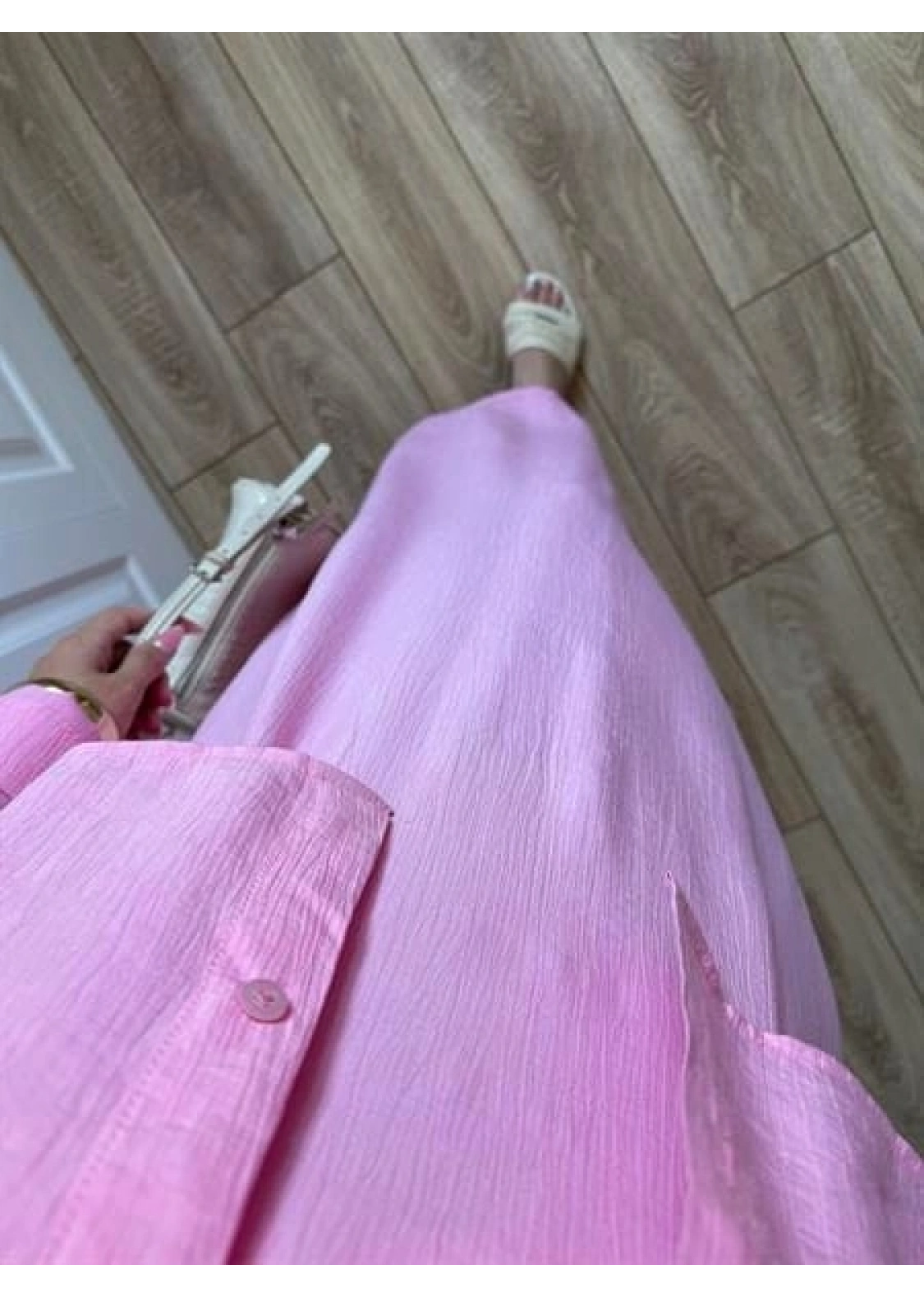 İthal Kumaş Premium Askılı Pembe Gömlek Elbise