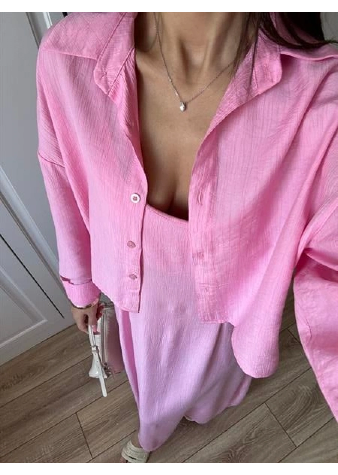 İthal Kumaş Premium Askılı Pembe Gömlek Elbise