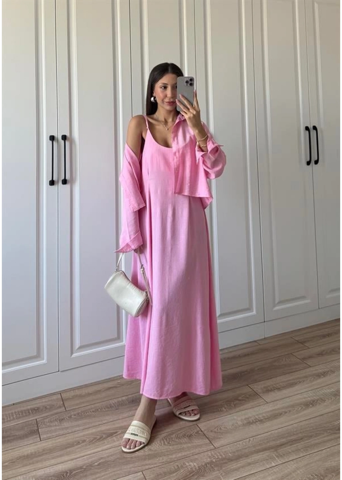 İthal Kumaş Premium Askılı Pembe Gömlek Elbise