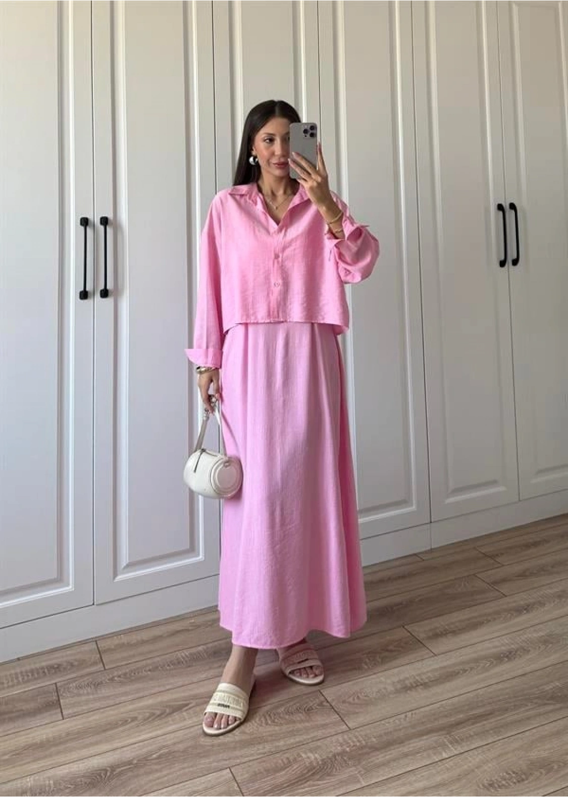 İthal Kumaş Premium Askılı Pembe Gömlek Elbise