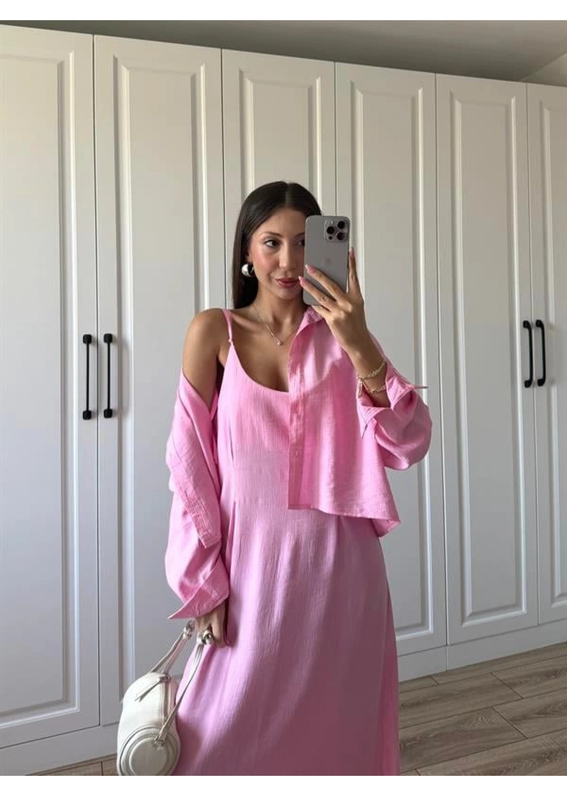 İthal Kumaş Premium Askılı Pembe Gömlek Elbise