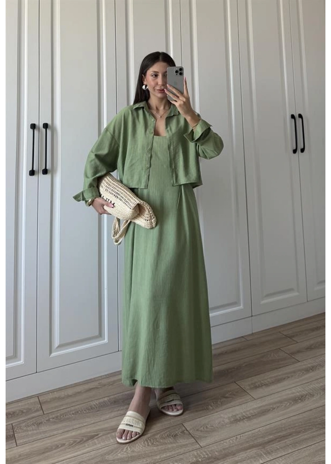 İthal Kumaş Premium Askılı Yeşil Gömlek Elbise