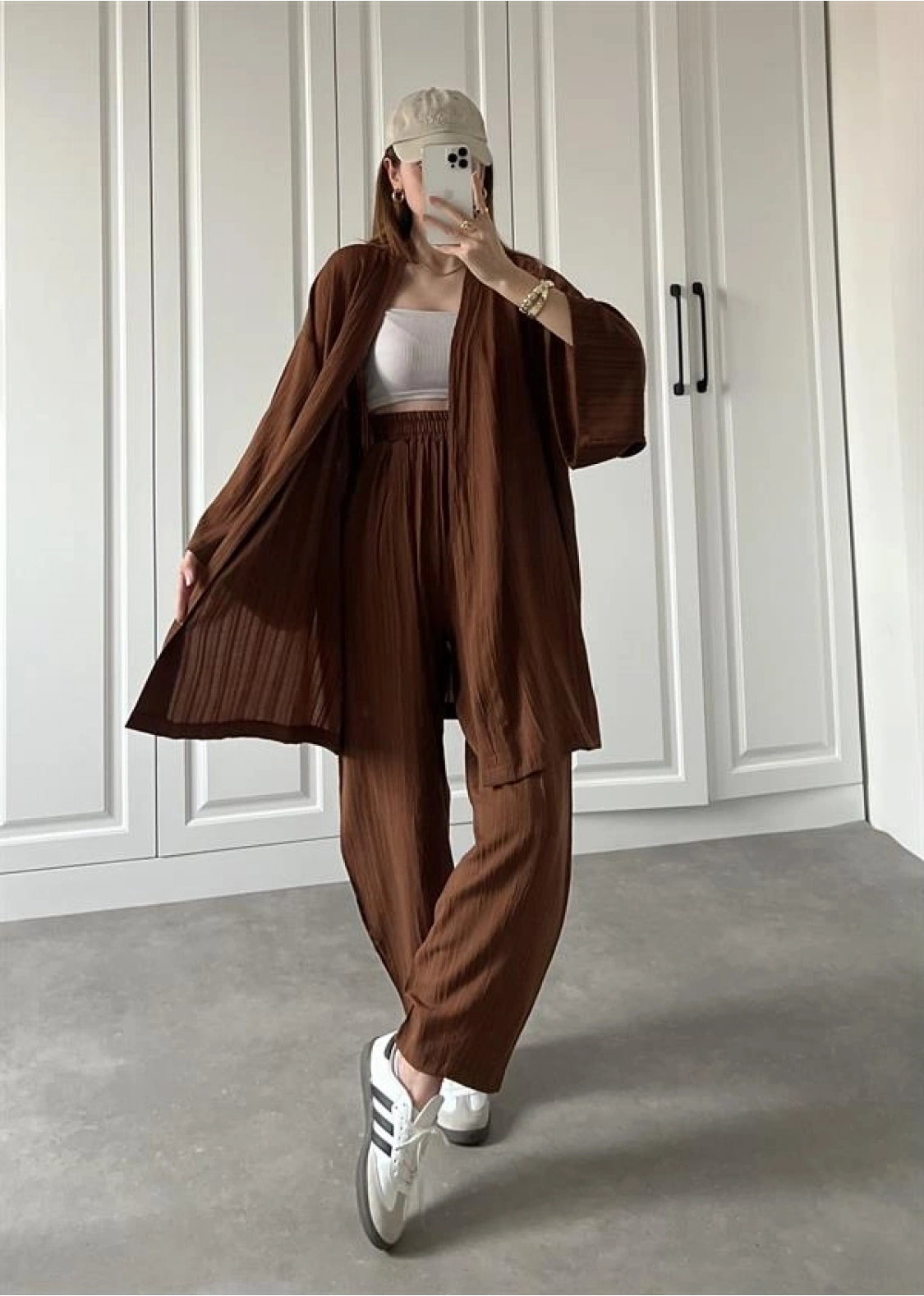 Kahve Gofre Kimono Takım