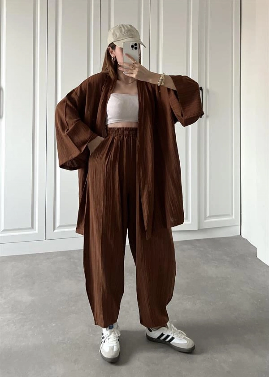 Kahve Gofre Kimono Takım