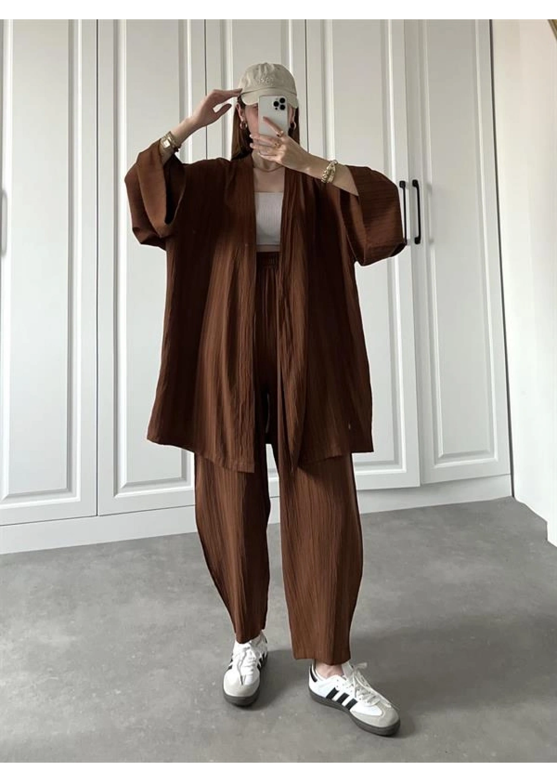 Kahve Gofre Kimono Takım