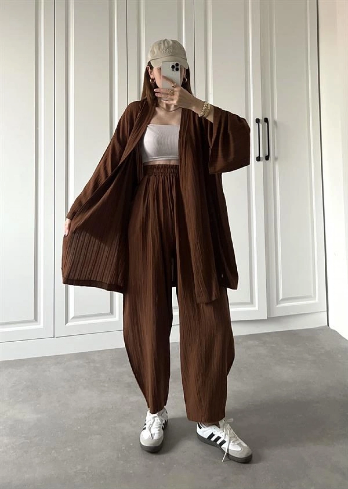 Kahve Gofre Kimono Takım