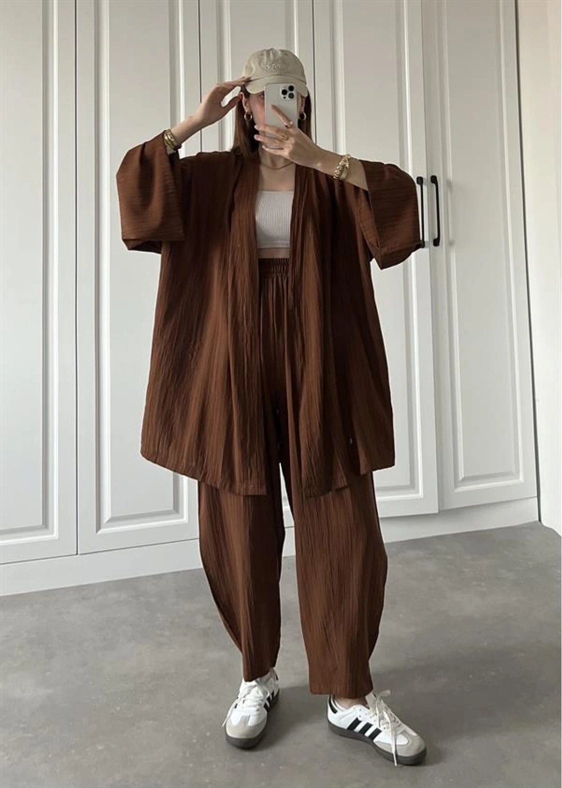 Kahve Gofre Kimono Takım
