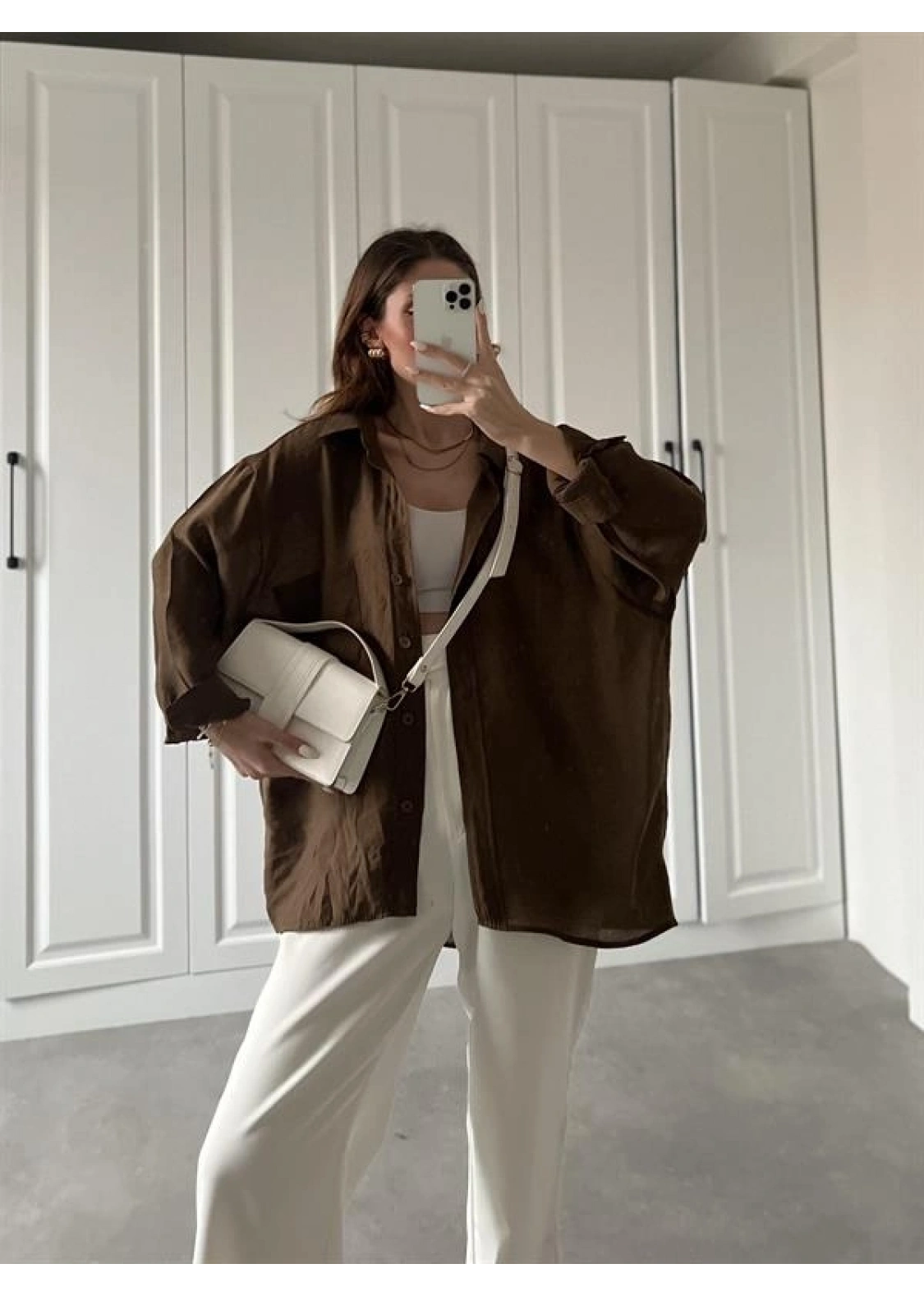 Kahve Oversize Tensel Gömlek