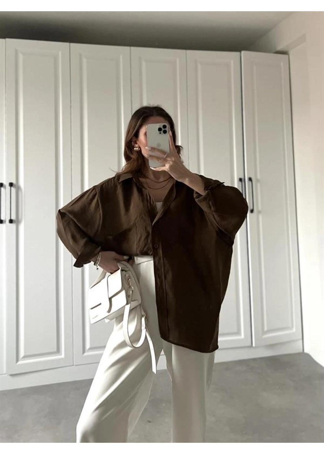 Kahve Oversize Tensel Gömlek