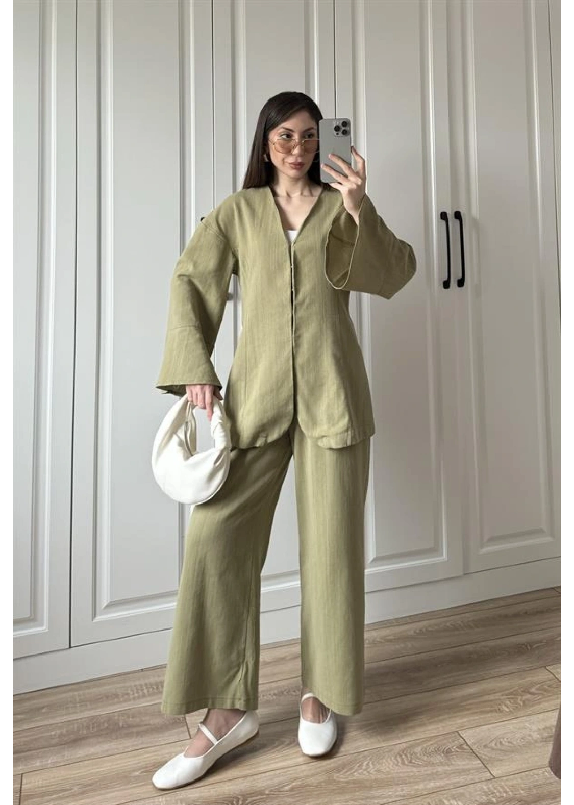 Kancalı Premium Nude Yeşili Keten Takım