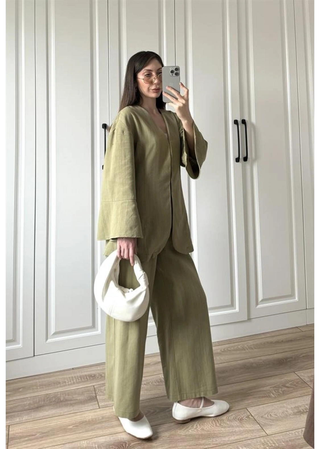 Kancalı Premium Nude Yeşili Keten Takım