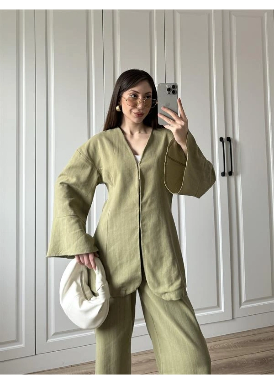 Kancalı Premium Nude Yeşili Keten Takım