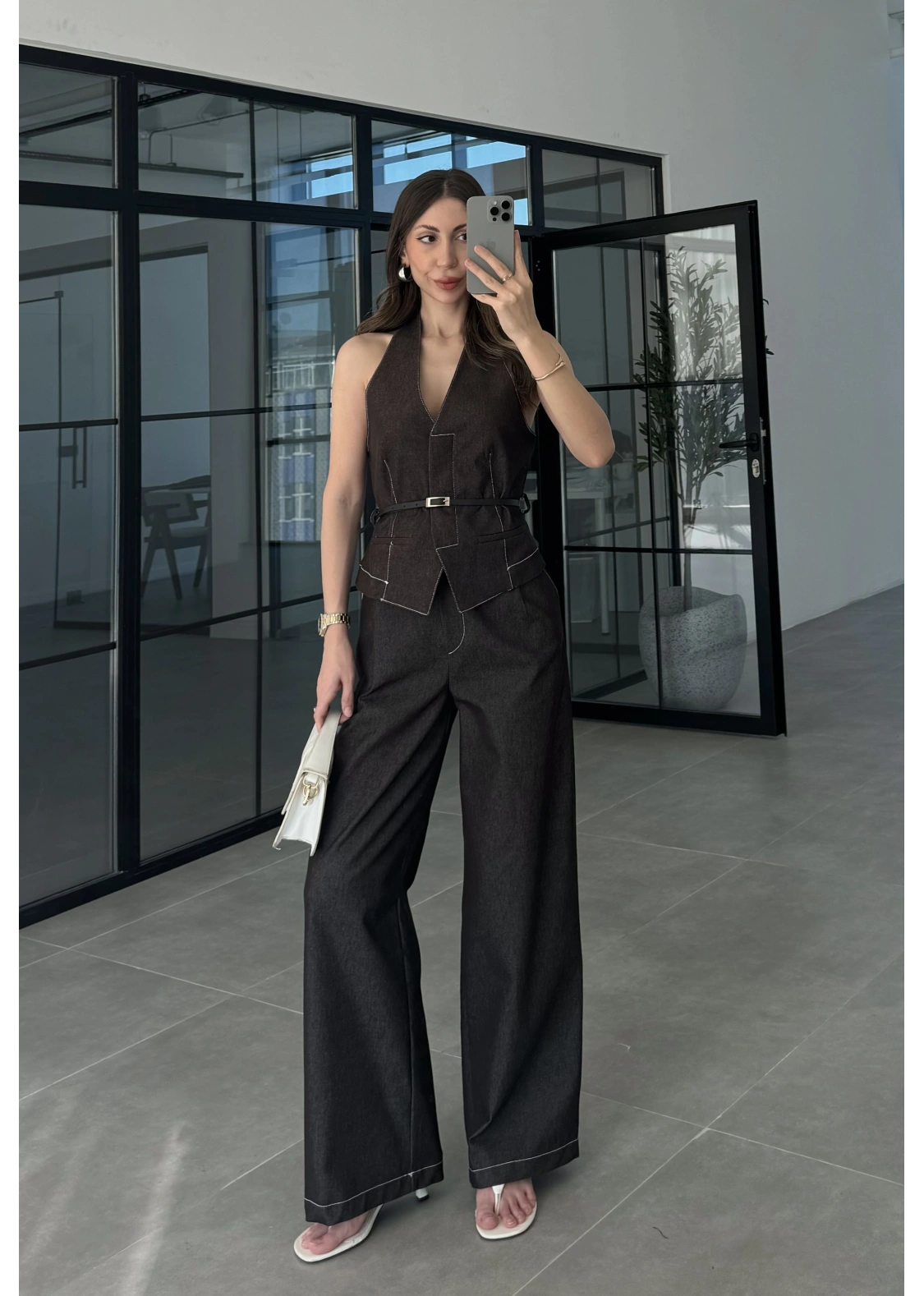 Kemerli Acı Kahve Denim Yelek Takım