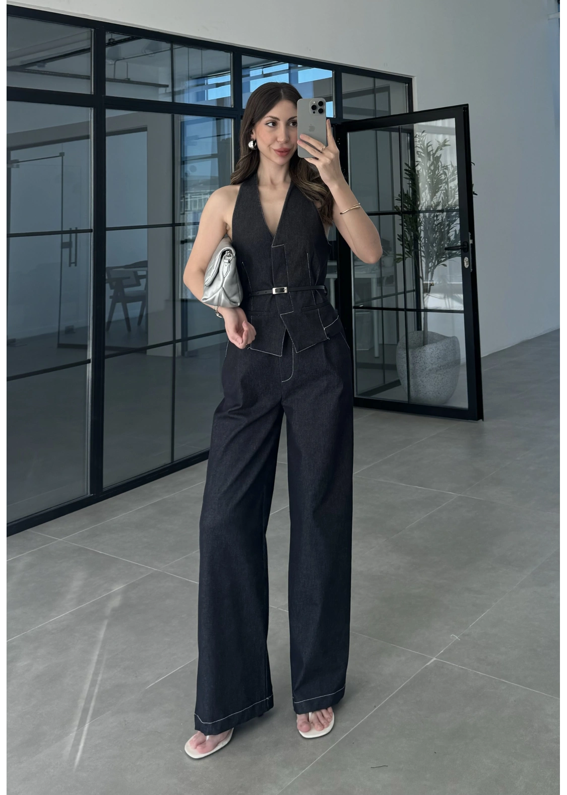 Kemerli Denim Mavisi Yelek Takım