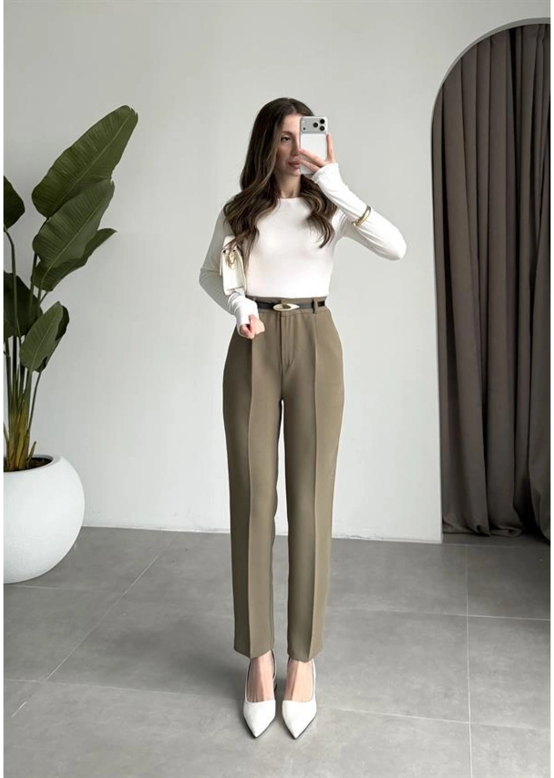 Kemerli Haki Kalem Kumaş Pantolon