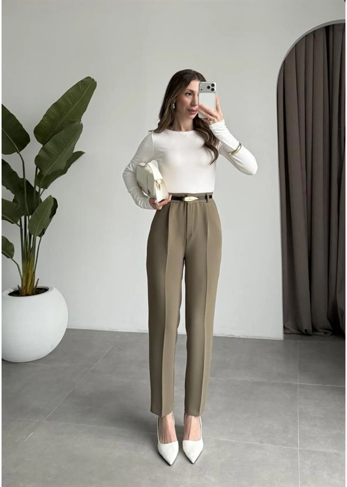 Kemerli Haki Kalem Kumaş Pantolon