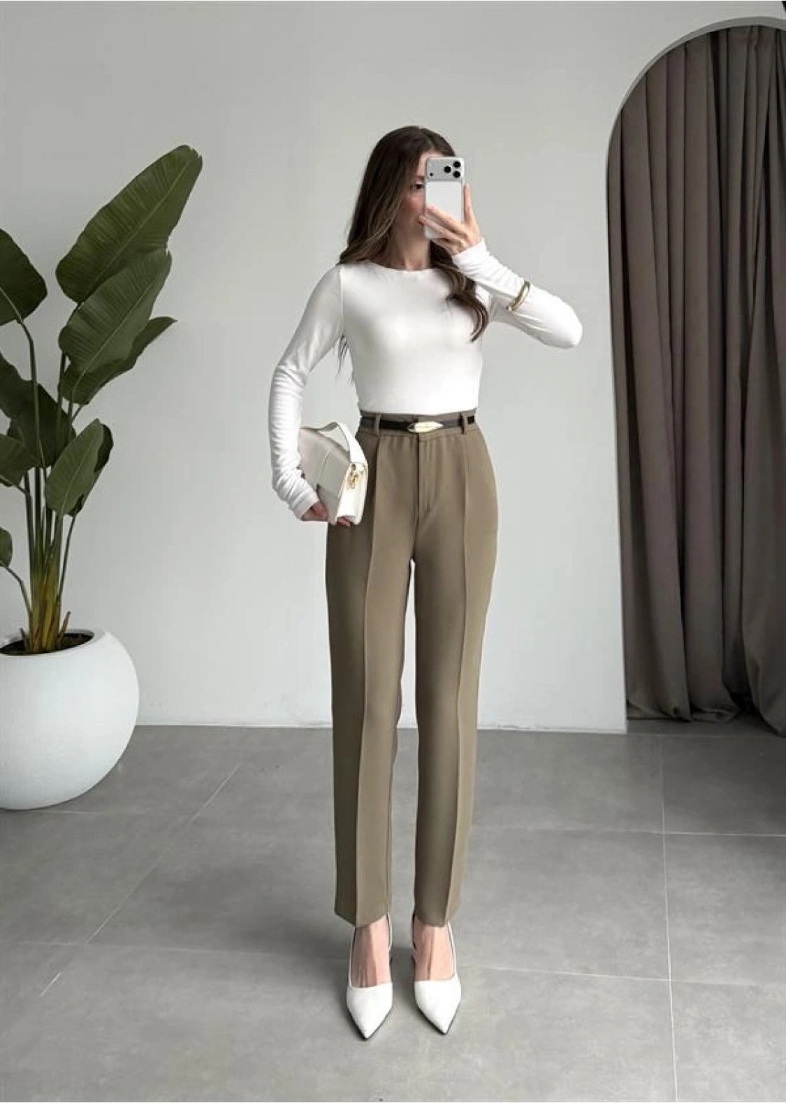 Kemerli Haki Kalem Kumaş Pantolon