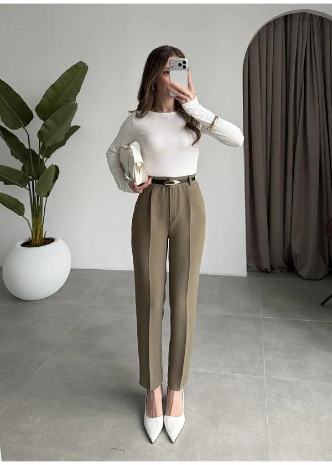 Kemerli Haki Kalem Kumaş Pantolon