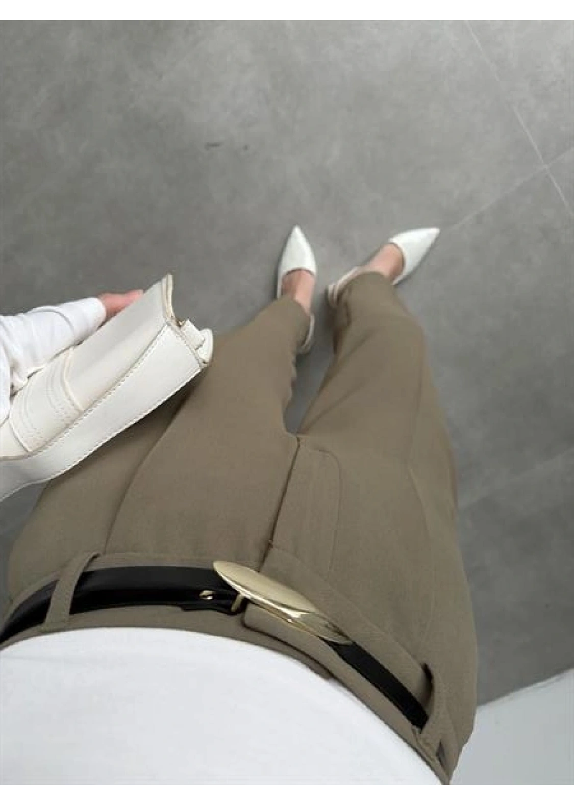 Kemerli Haki Kalem Kumaş Pantolon