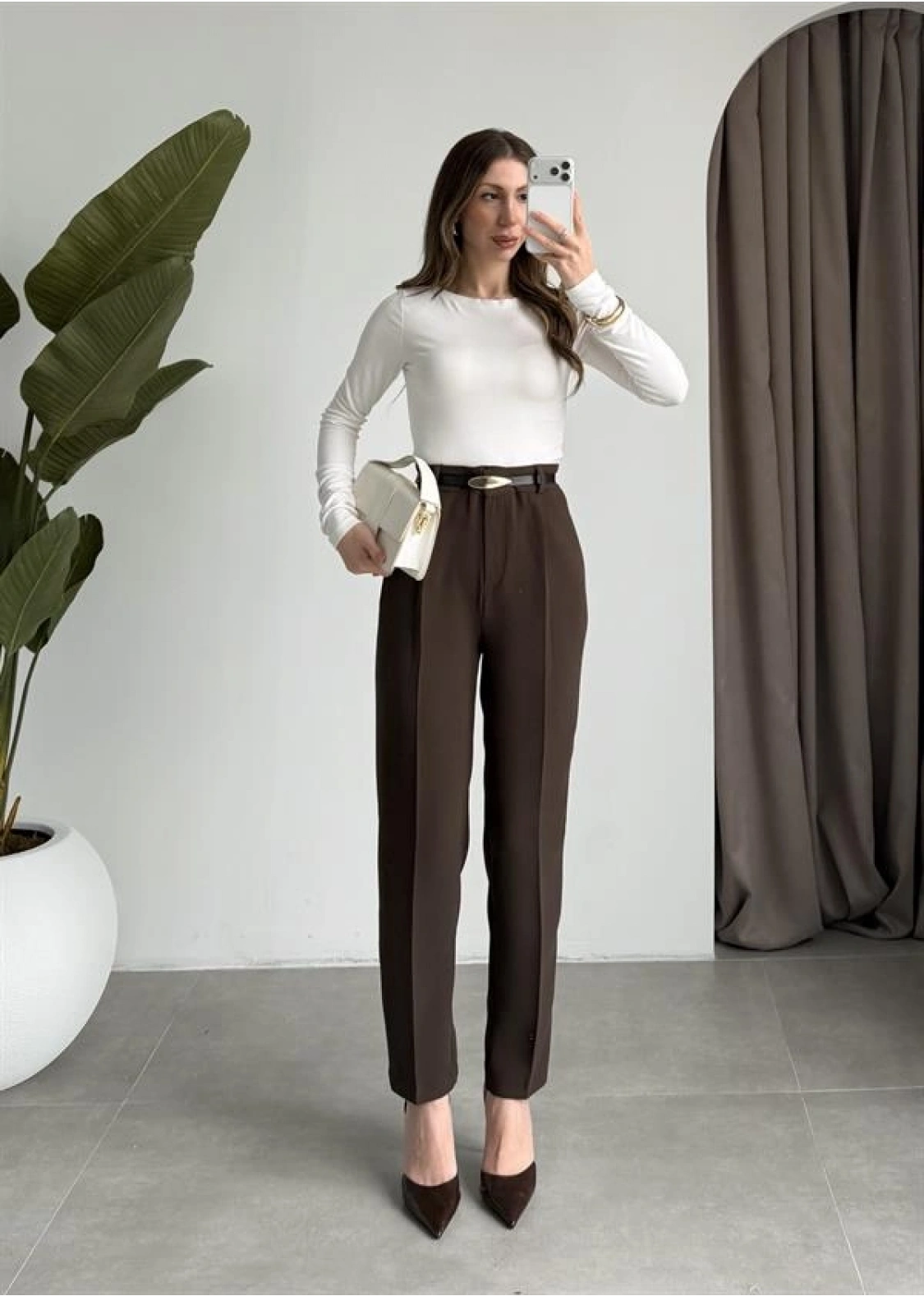 Kemerli Kahve Kalem Kumaş Pantolon