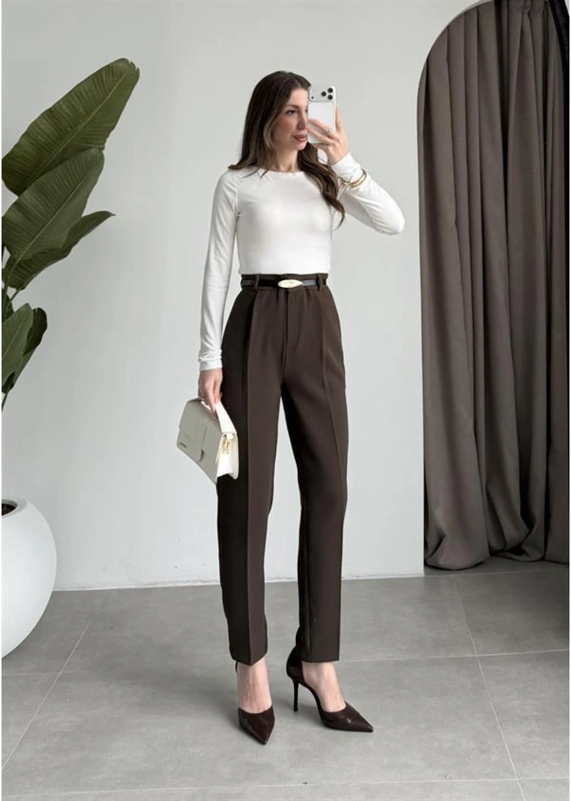 Kemerli Kahve Kalem Kumaş Pantolon