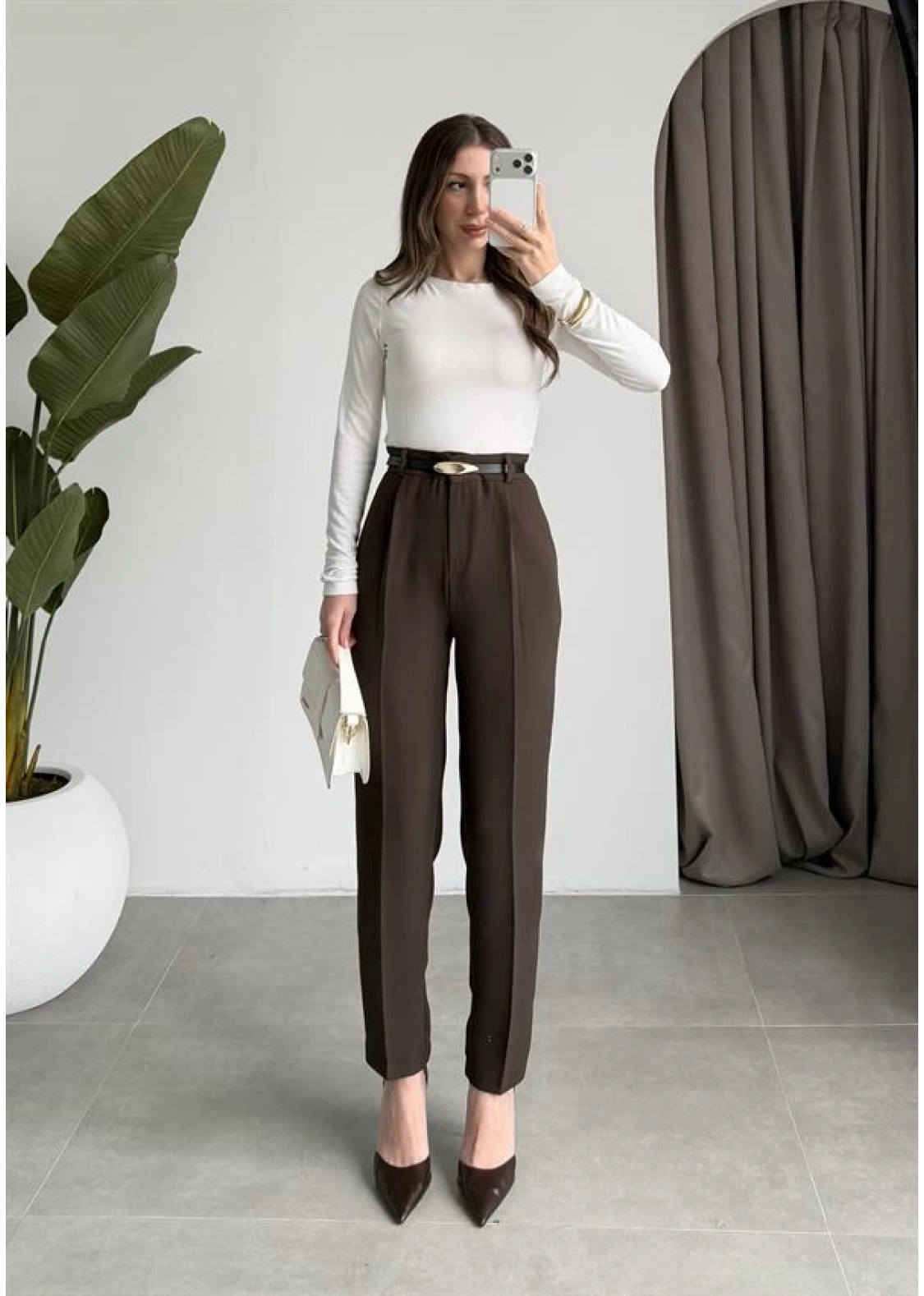 Kemerli Kahve Kalem Kumaş Pantolon