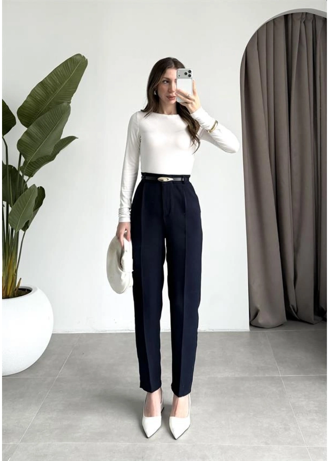 Kemerli Lacivert Kalem Kumaş Pantolon