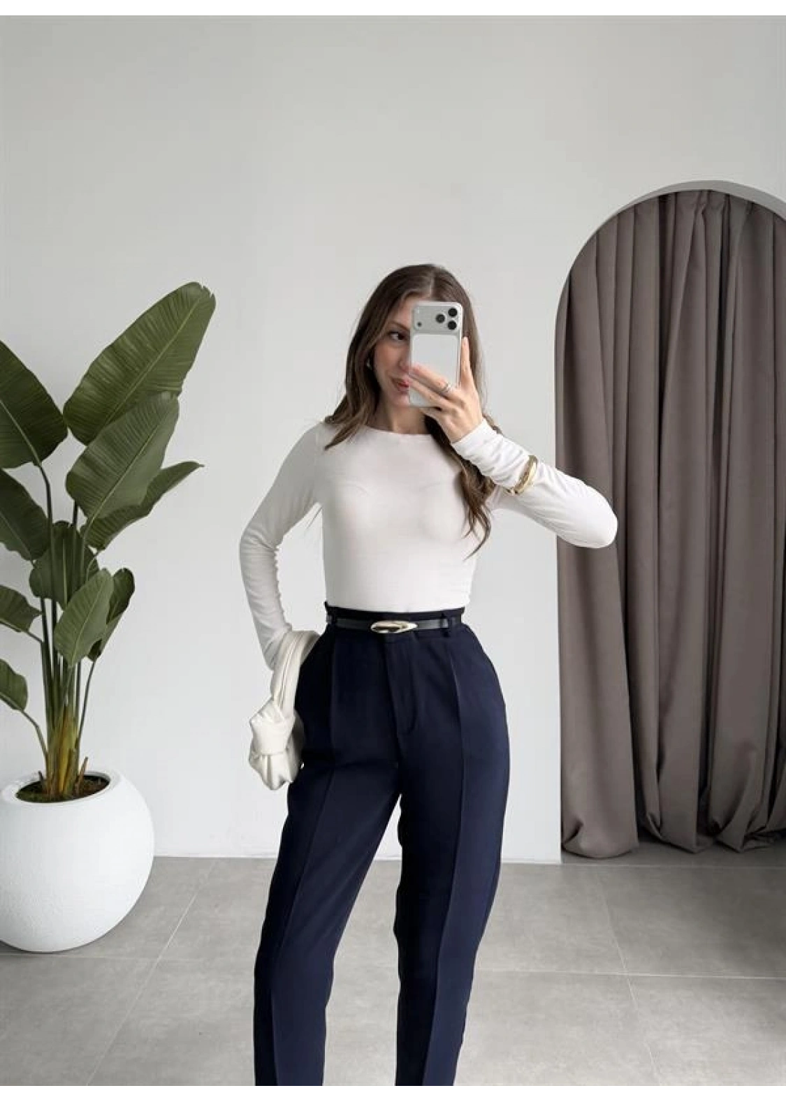 Kemerli Lacivert Kalem Kumaş Pantolon