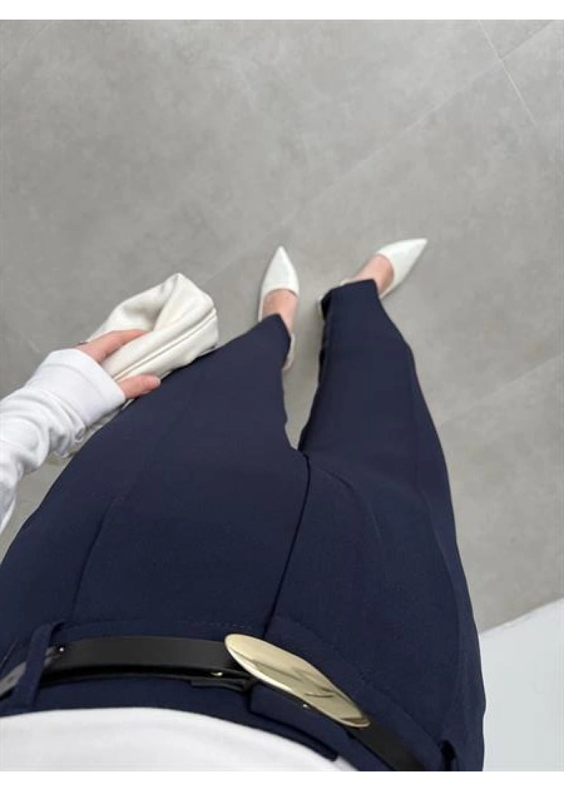 Kemerli Lacivert Kalem Kumaş Pantolon