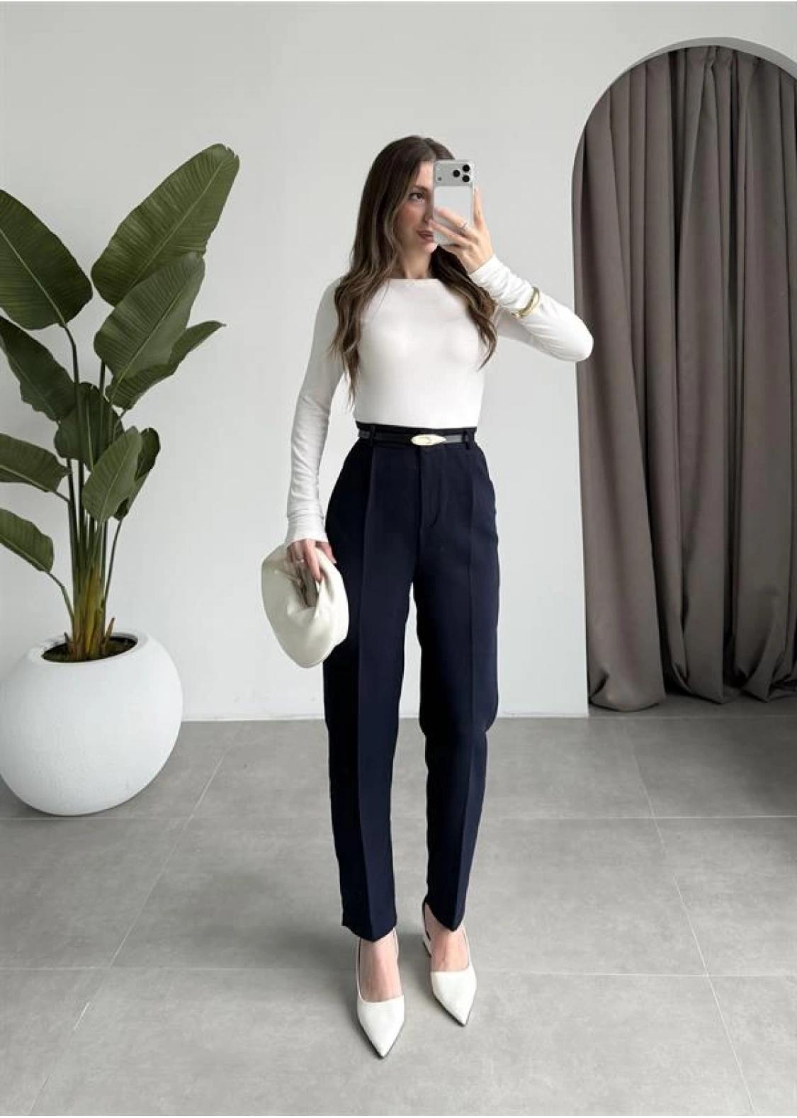 Kemerli Lacivert Kalem Kumaş Pantolon