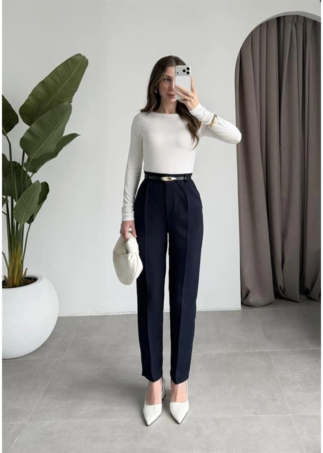 Kemerli Lacivert Kalem Kumaş Pantolon