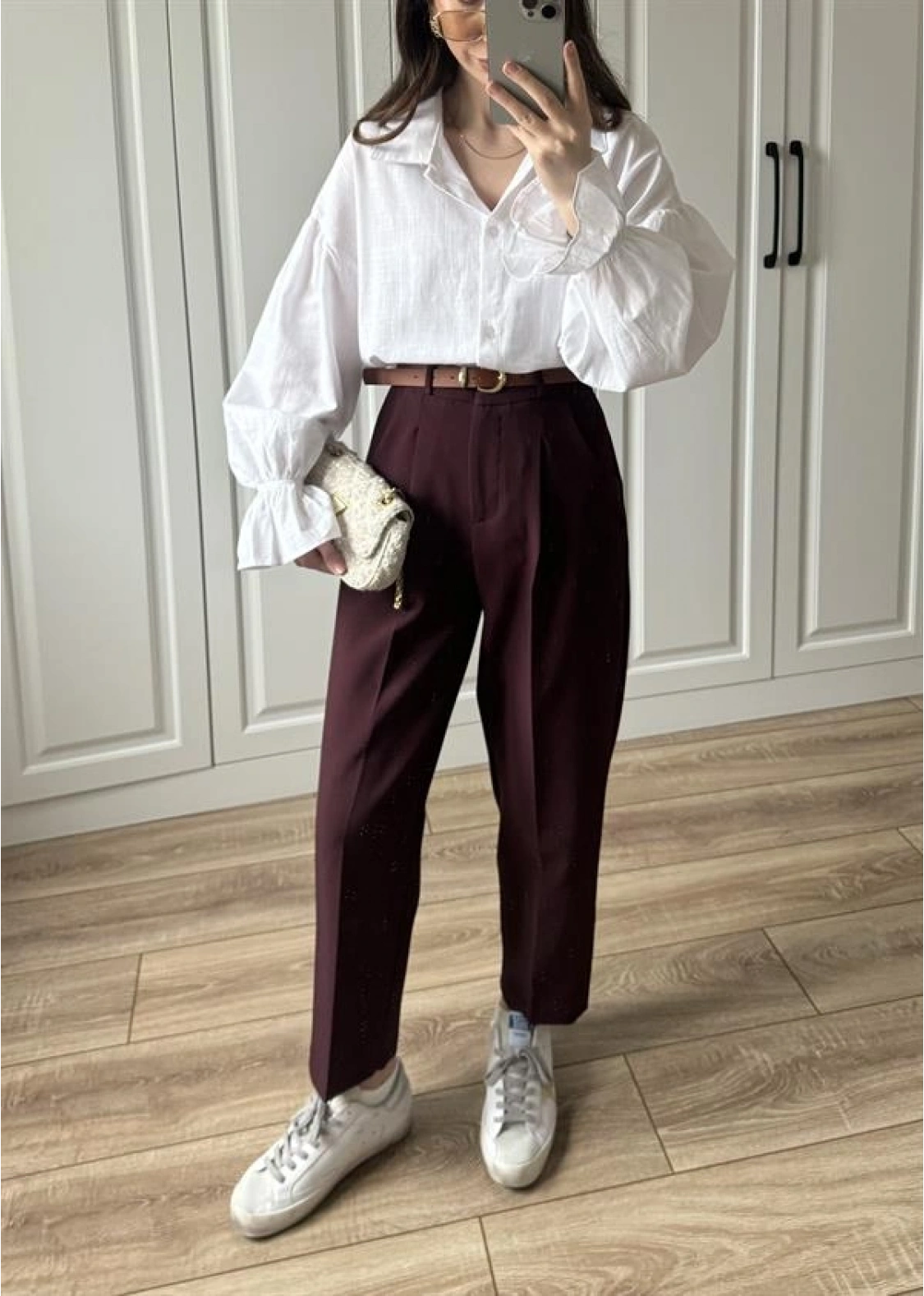 Kemerli Mürdüm Havuç Kumaş Pantolon