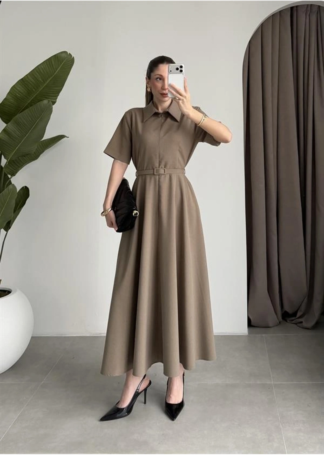 Kemerli Önü Fermuarlı Premium Haki Elbise