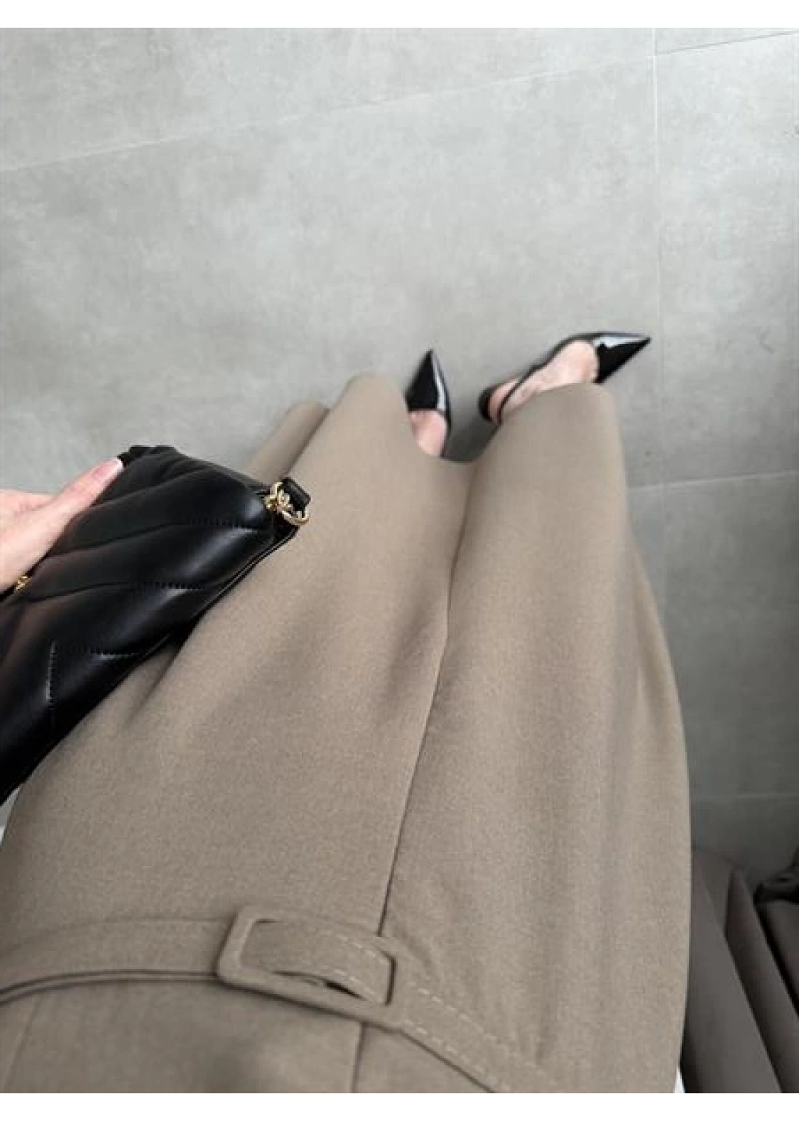 Kemerli Önü Fermuarlı Premium Haki Elbise