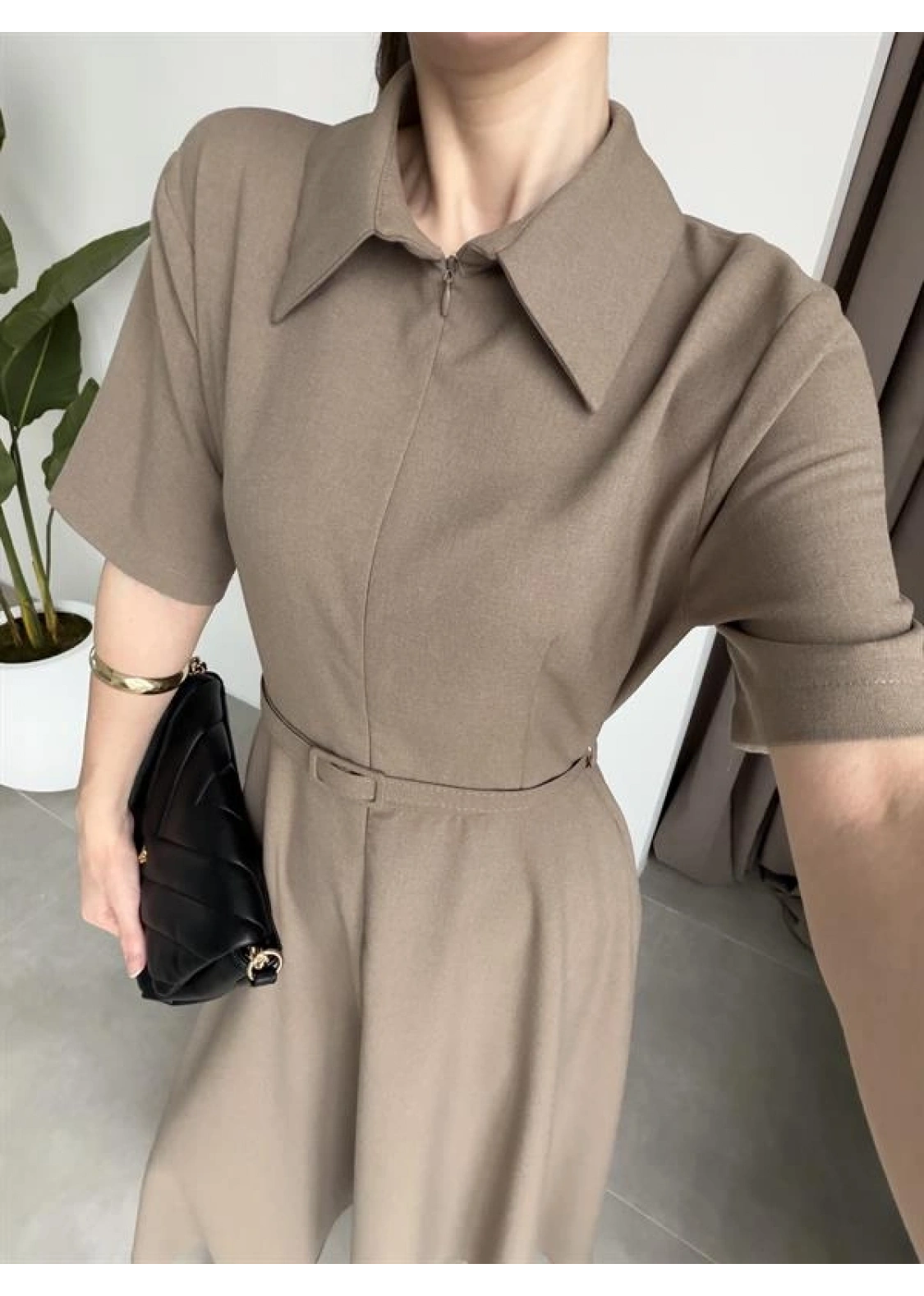 Kemerli Önü Fermuarlı Premium Haki Elbise