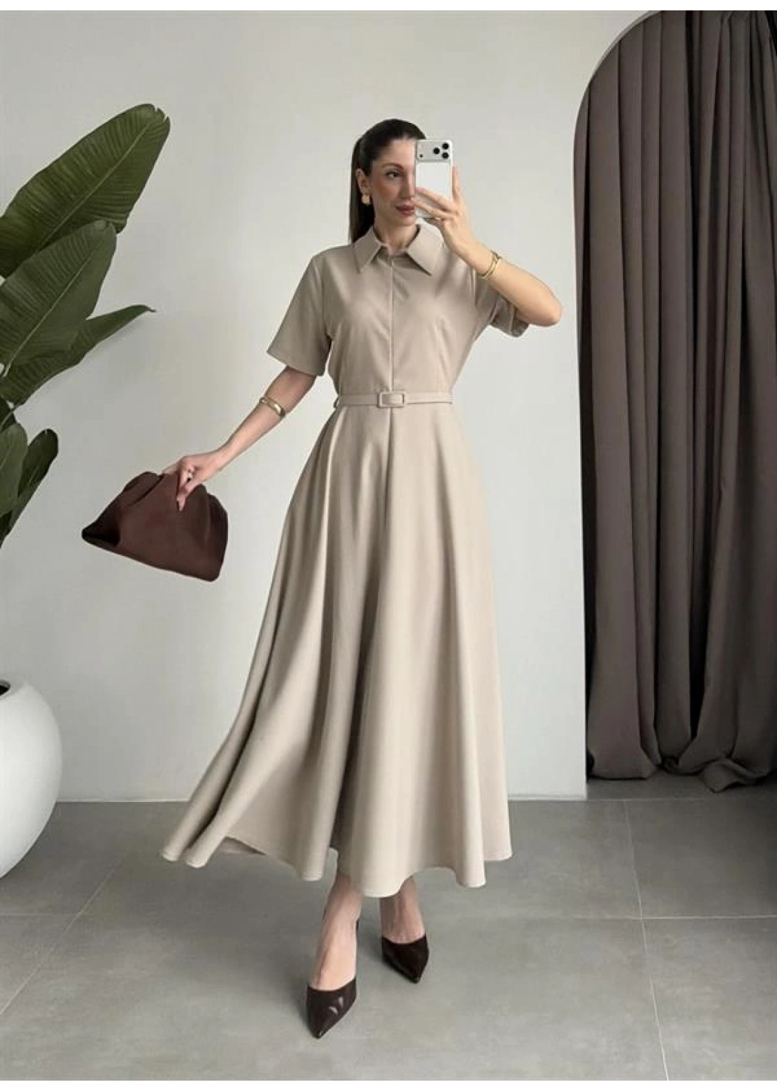 Kemerli Önü Fermuarlı Premium Taş Elbise