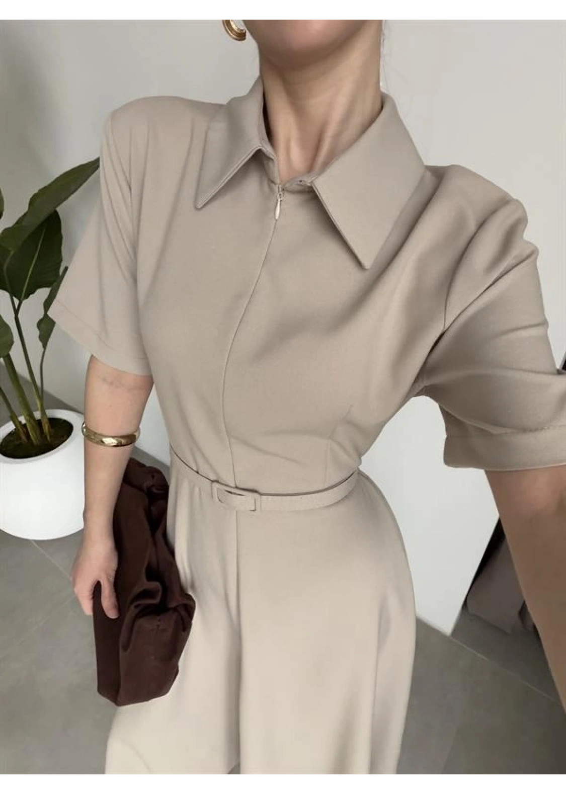 Kemerli Önü Fermuarlı Premium Taş Elbise