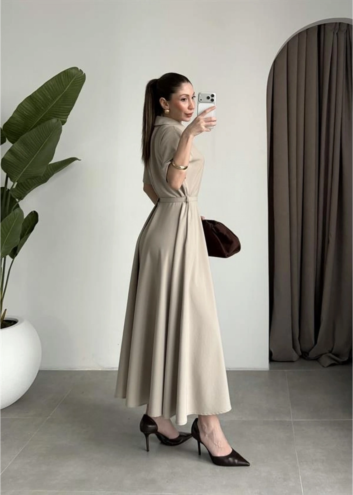 Kemerli Önü Fermuarlı Premium Taş Elbise