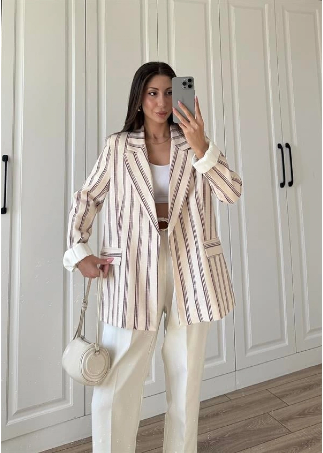 Keten Astarlı Bordo Çizgili Blazer Ceket
