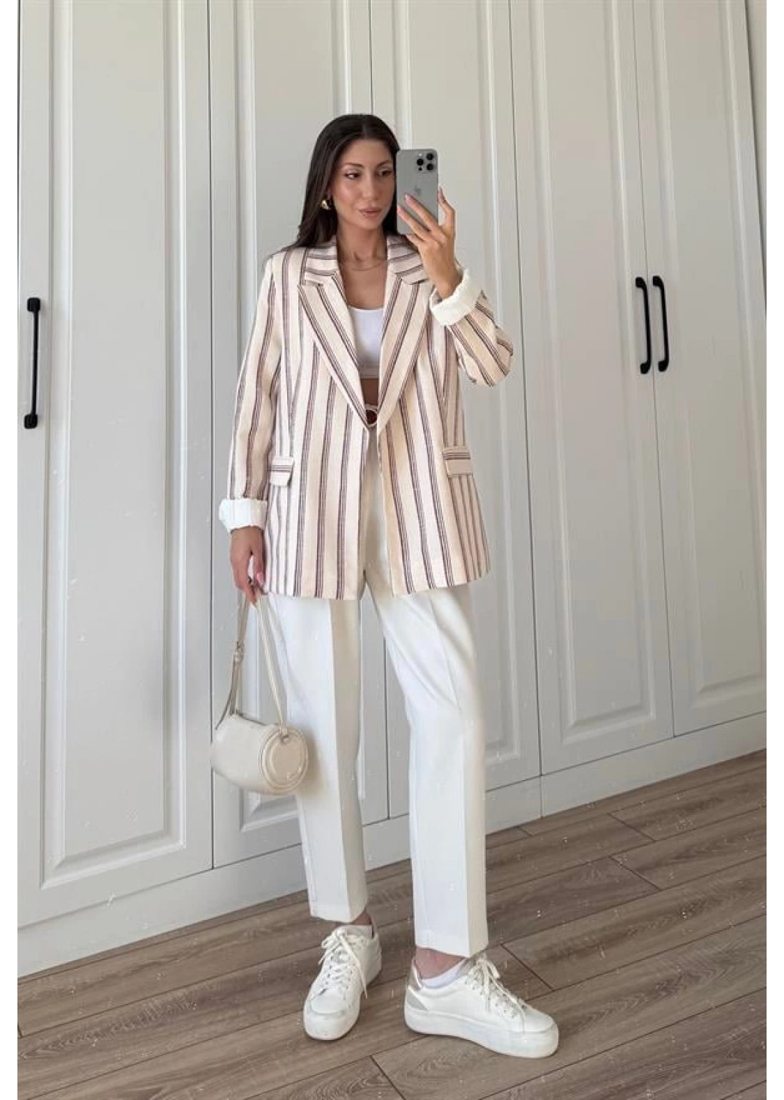 Keten Astarlı Bordo Çizgili Blazer Ceket